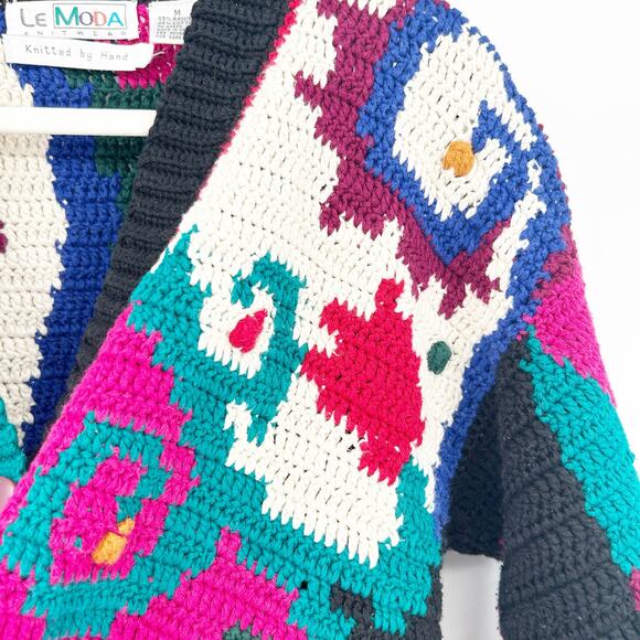 Le Moda Knitwear Womens VTG 90s Artsy Colorful Hand Knit Cardigan Sweater M - Picture 5 of 6
